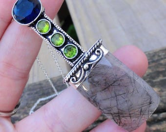 925 - LARGE Schwarzer Rutilquarz & Peridot Halskette, Sterling Silber Natürlicher Edelstein Anhänger, Schwarzer Rutilquarz, Grün Peridot Statement