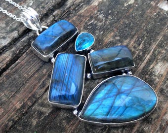 925 - Blauer Labradorit & Blautopas Halskette, Sterling Silber Großer Labradorit Anhänger, Statement, 925 Großer Labradorit, Edelstein Halskette