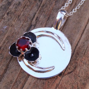 925 - Crescent Moon, Botanical Red Garnet Gemstone Necklace, Sterling Silver Natural Garnet Celestial Moon Statement Pendant, Handmade