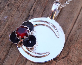 Handmade Sterling Silver Garnet Necklace: Botanical Crescent Moon Pendant