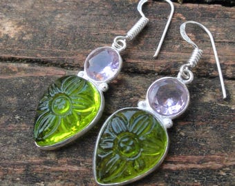 925 - Peridot mit Rosa Kunzit Ohrringe, Sterling Silber, Natürliche Grüne Peridot Ohrringe, Naturstein, Geschnitzte Edelstein Ohrringe Handgemacht