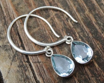 925 - Blue Topaz Earrings, Sterling Silver, Natural stone Blue Topaz Earrings, Faceted Blue Topaz Hoop Earrings, Handmade gemstone earrings