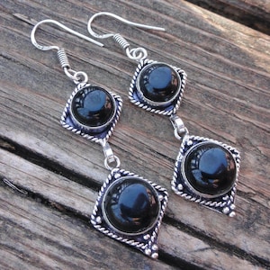 925 - Black Onyx Earrings, Sterling Silver, Natural Stone Earrings, Long Statement earrings, Black gemstone Earrings, Onyx Earrings