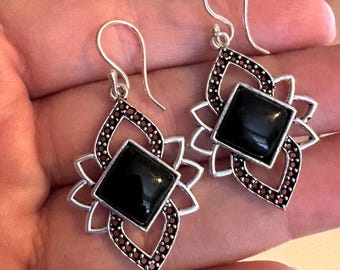 925er Sterlingsilber – Ohrringe aus schwarzem Onyx, handgefertigte Statement-Ohrringe, Ohrringe mit schwarzem Edelstein, Onyx-Ohrringe