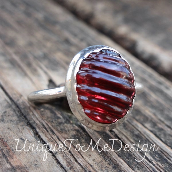 925 - Carved Red Garnet Ring Size 8, Sterling Silver, Natural gemstone, Garnet Handmade Carved stone Ring, Detailed Silver gemstone ring 8