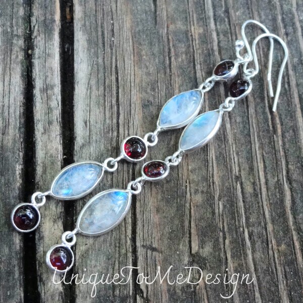 925 - 3" Rainbow Moonstone & Garnet Earrings, Sterling Silver, Handmade, Natural Stone, Long Moonstone Earrings with Red Garnet Multi Stone