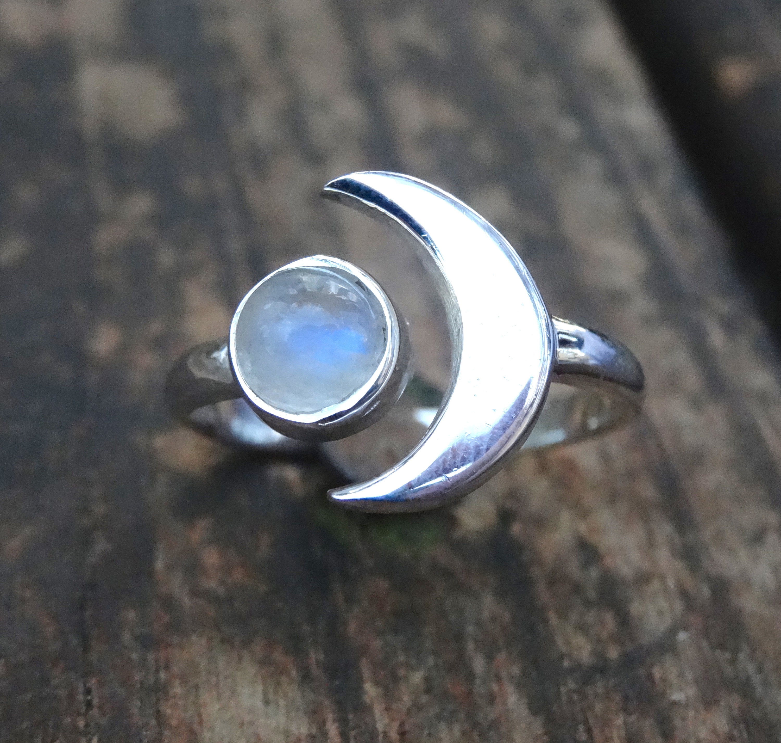 925 Crescent Moon Rainbow Moonstone Ring, Sterling Silver Natural