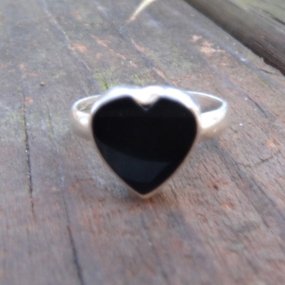 Heart Black Onyx .925 Sterling Silver Ring Size 6.5, Black