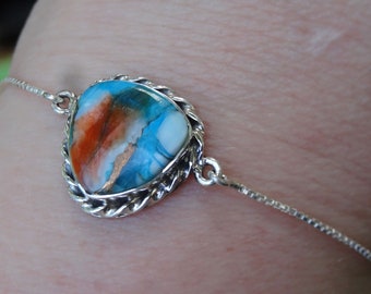 Sterling Silver Spiny Oyster Turquoise Bracelet - Adjustable Natural Stone