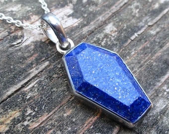 925 Blue Lapis Lazuli Coffin Necklace, Blue Lapis Lazuli Coffin stone pendants, Sterling Silver Coffin Necklace, Natural Stone, Gothic
