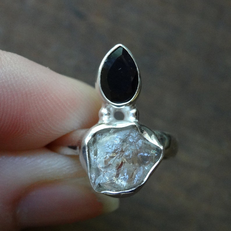 Sterling Silver Natural Herkimer Diamond Black Onyx Ring Size 6 double-terminated quartz crystal ring Natural Stone Ring size 6 Diamond Ring
