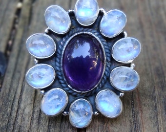 Handmade Sterling Silver Amethyst & Rainbow Moonstone Statement Ring
