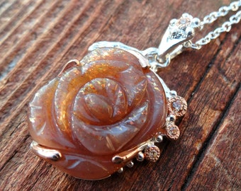 925 - OOAK Sunstone & Citrine Necklace, Sterling Silver, Natural Stone, Sunstone Pendant, Carved Sunstone Statement with Yellow Citrine,14k