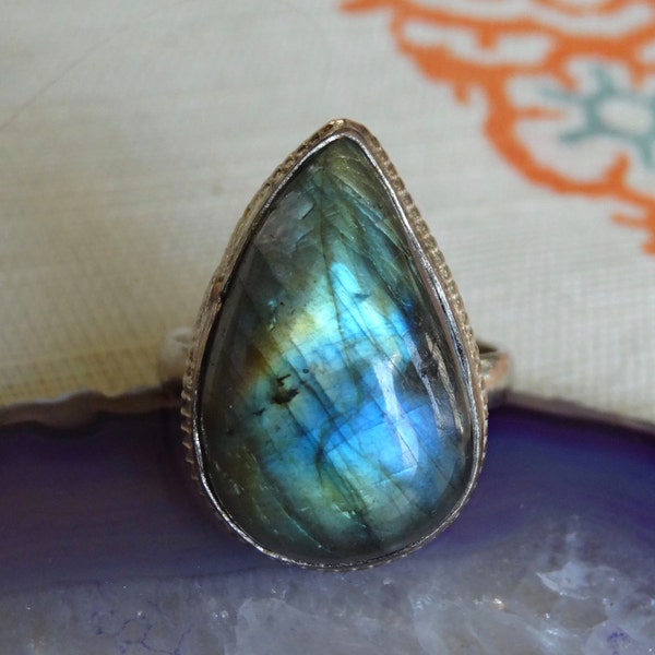 Natural Fiery Labradorite Sterling silver Ring Size 10 - Sterling Silver Ring -  Natural Stone Ring - Boho chic Ring Size 10