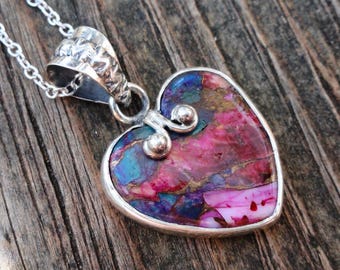 Handmade Sterling Silver Heart Necklace: Pink Spiny Oyster & Turquoise
