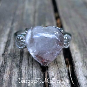 925 - Lodolite Garden Quartz Adjustable HEART Ring, Sterling Silver, Scenic Quartz Ring Size 6 7 8 9, Lodolite Ring, Raw Quartz, Phantom
