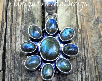 Handmade Sterling Silber Labradorit Anhänger Halskette: Regenbogen Flash Statement Schmuck