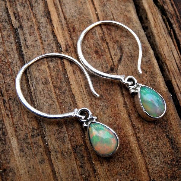 925 AAA Ethiopian Welo Opal Earrings, Sterling Silver Natural Opal Earrings, Sterling Silver Rainbow Opal Hoop Earrings, Handmade