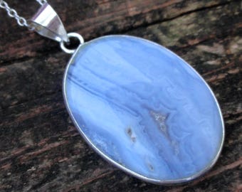 925 - Blaue Spitze Achat Halskette, Sterling Silber, Naturstein, Blaue Spitze Achat Statement Anhänger, Handgemachte Blau Schwarz Achat Halskette