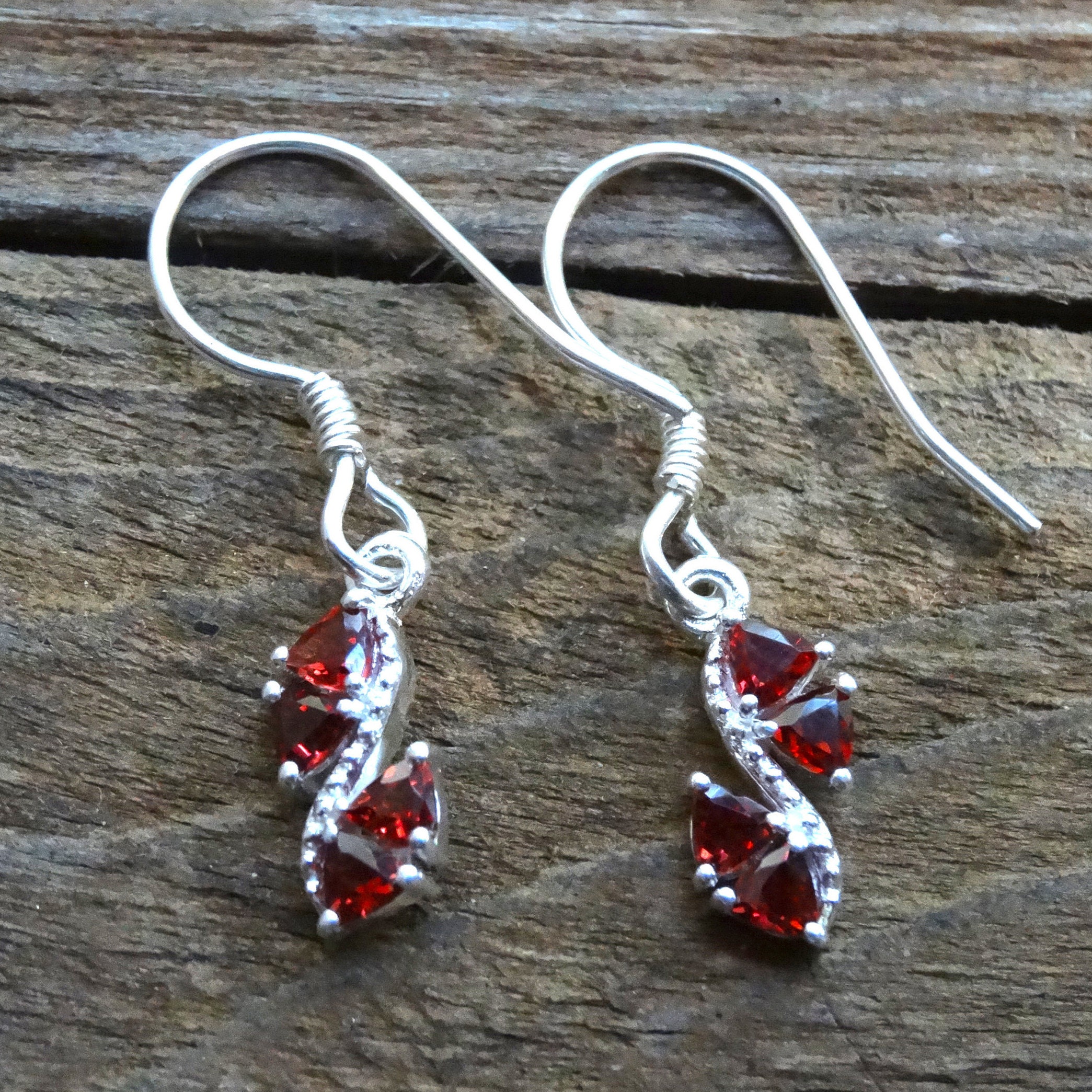 Dainty Red Garnet Sterling Silver Earrings, Trillion Garnet