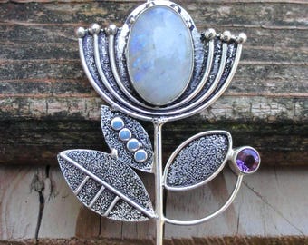 925 Handmade Sterling Silver Rainbow Moonstone Flower Necklace with Purple Amethyst, LARGE Silver Gemstone pendant