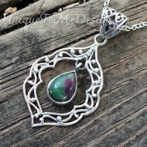 925 - Ruby in Green Zoisite Filigree Necklace, Sterling Silver, Natural Stone Pendant, OOAK Ruby Zoisite gemstone necklace, Statement