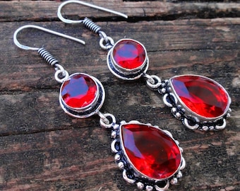 925 - Roter Granat Edelstein Ohrringe, Sterling Silber, Naturstein, Multi Stone Granat Ohrringe, Statement, Boho Granat Ohrringe