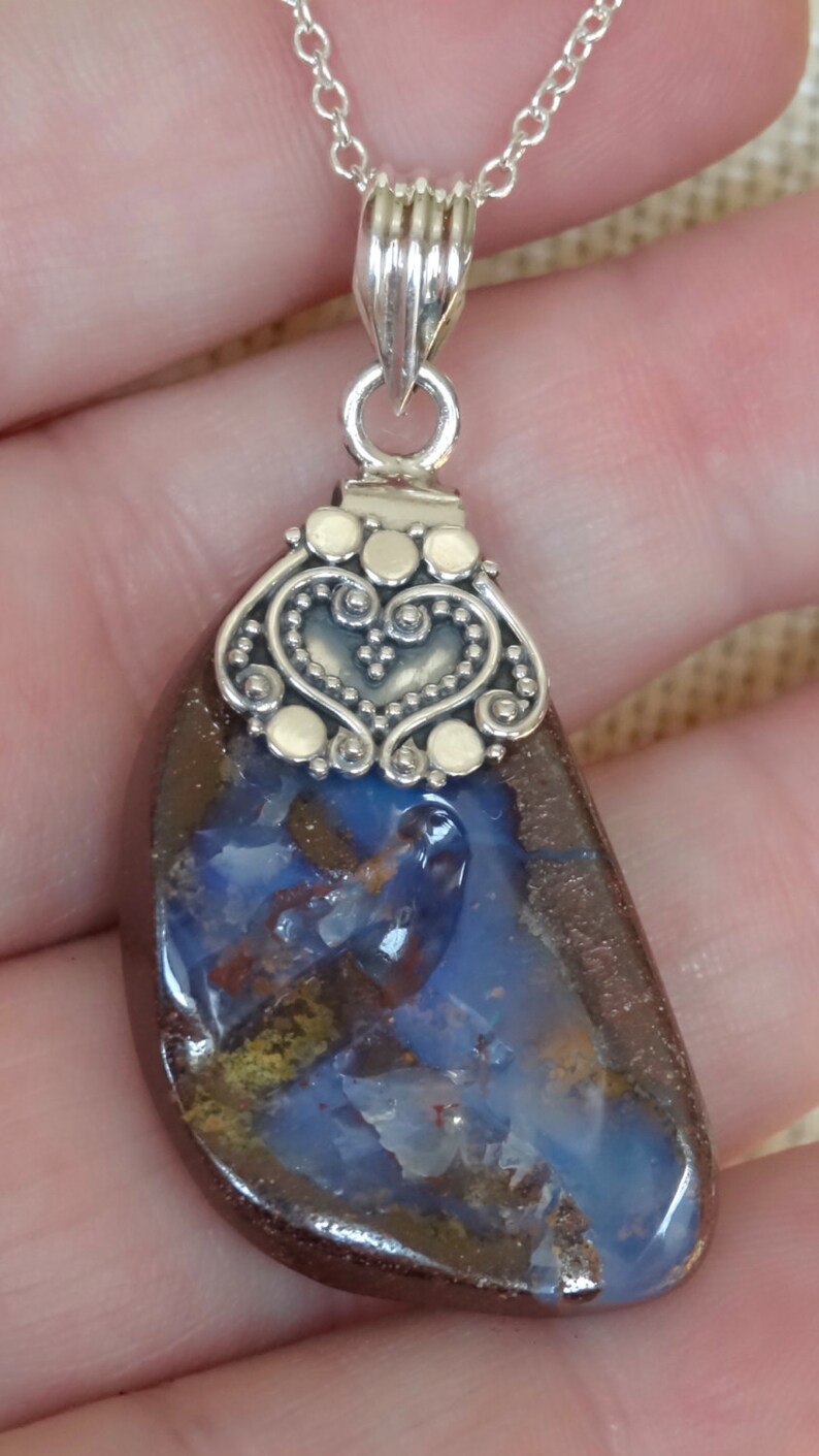 Sterling Silver 18 Chain Natural Stone Necklace NATURAL Genuine Boulder Opal Sterling Silver Pendant Necklace Boulder Opal Necklace