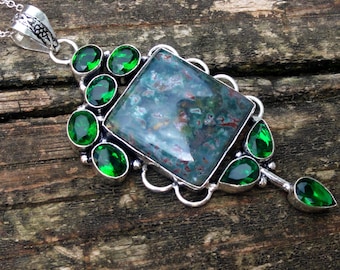 925 Large 3" Bloodstone & Green Quartz Sterling Silver Necklace, Natural Huge Dragons Bloodstone Statement Pendant, Sterling Silver Necklace