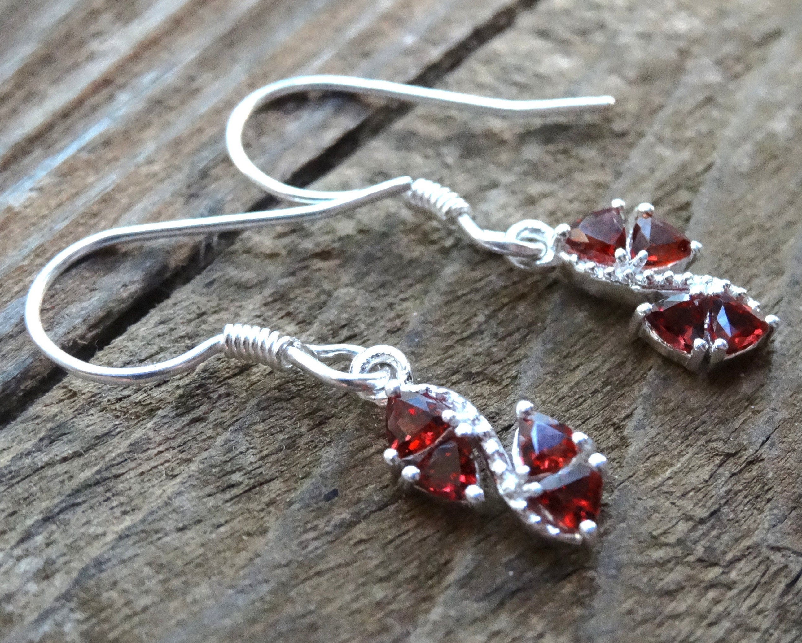 Dainty Red Garnet Sterling Silver Earrings, Trillion Garnet