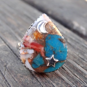 925 - Spiny Oyster Moon & Star Statement Ring Size 7.5, Sterling Silver, Natural Stone Spiny Oyster Turquoise, Celestial Statement Ring 7 8