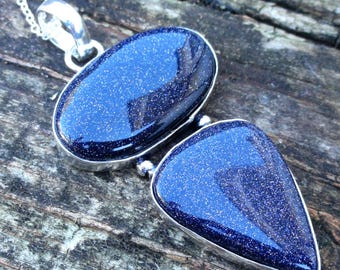 925 – Halskette aus Sterlingsilber mit blauem Goldfluss, funkelnder Anhänger aus blauem Goldfluss, Galaxienstein, handgefertigte Statement-Halskette