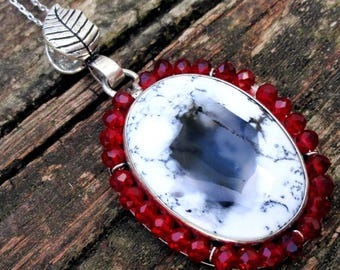 925 Sterling Silver Dendrite Agate Necklace with Red Garnet Necklace, Large Handmade Dendritic Opal Pendant w/ chain Natural Stone necklace