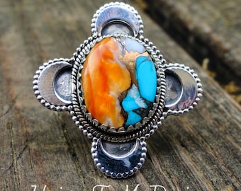 Anillo de ostra espinosa de plata de ley hecho a mano: anillo tribal con turquesa, talla 8.5