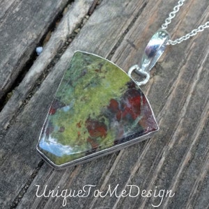 925 - Large Dragons Bloodstone Necklace, Sterling Silver Natural Stone, Dragons Blood Handmade Pendant, Green Red Bloodstone Necklace, OOAK
