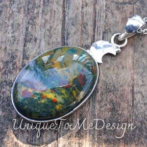 925 - Moon Bloodstone Necklace, Sterling Silver Natural Stone, Bloodstone Handmade Moon Pendant, Large Bloodstone Necklace, OOAK