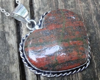Handmade Sterling Silver Unakite Heart Pendant Necklace
