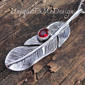 925 - LARGE Red Garnet Feather Necklace, Sterling Silver, Natural Stone Pendant, OOAK Bohemian Handmade Garnet Pendant, Statement Garnet
