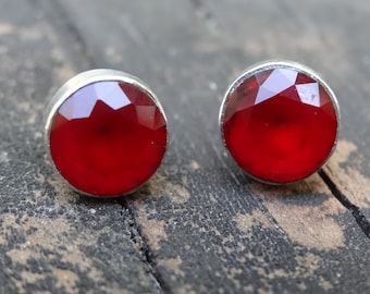 10mm 925 Silver Ruby Stud Earrings, Sterling Silver Round Natural Red Ruby Studs, 925 Silver Natural raw Ruby Earrings, Dianty Studs