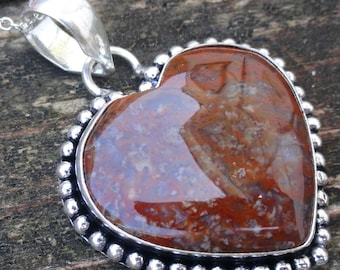 925 - Large Red Moss Agate Heart Necklace, Sterling Silver, Natural Stone, Red Moss Agate Pendant, OOAK gemstone Agate Red Heart necklace