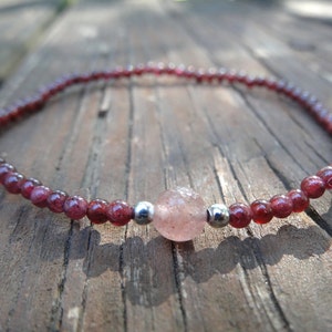 925 Genuine Red Garnet & Strawberry Quartz Stretch bracelet, Sterling Silver Bead accents, Garnet, raw Quartz metaphysical Bracelet