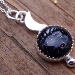 925 - Blue Goldstone Necklace, Sterling Silver, Celestial Blue Goldstone Moon Pendant, Natural Stone, Moon Necklace, Goldstone pendant