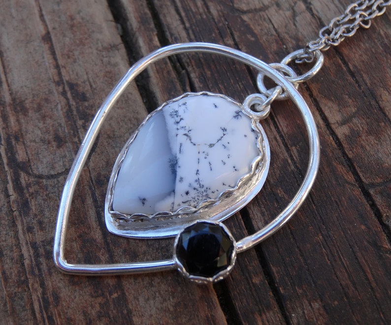 925 - Large Dendritic Opal, Black Onyx Necklace, Sterling Silver