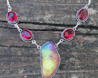 925 - LARGE Rainbow Solar Quartz with Garnet Necklace, Sterling Silver, Natural Stone, Rainbow Quartz Large Statement 18" Necklace handmade
