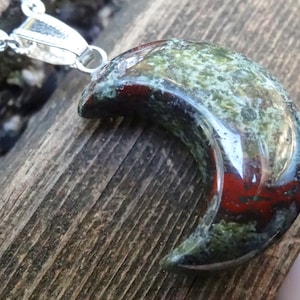 925 Large Red Green Moon, Natural Bloodstone Sterling Silver Necklace, Dragon Blood Stone Carved Moon Pendant Sterling Silver Moon Necklace
