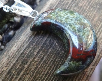 925 Large Red Green Moon, Natural Bloodstone Sterling Silver Necklace, Dragon Blood Stone Carved Moon Pendant Sterling Silver Moon Necklace