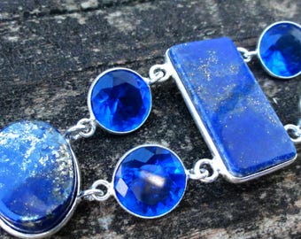925 – Armband aus blauem Lapislazuli und blauem Quarz, Sterlingsilber-Armband mit Lapislazuli-Schmuck, Naturstein, Statement-Armband mit Edelsteinen, 16,5–17,8 cm