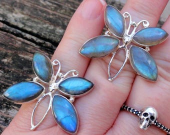 925 Butterfly Flashy Labradorite Sterling Silver Ring Size 6 7, Natural Stone, Blue Flashy Labradorite Butterfly Statement Ring Size 6 7