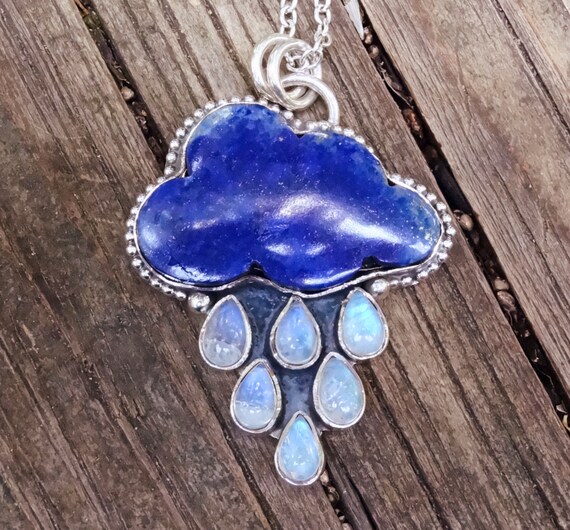 925 - Rain Cloud, Carved Stone Necklace, Sterling Silver Rainbow Moonstone, Blue Lapis Lazuli Pendant, Handmade, 925 Moonstone Necklace