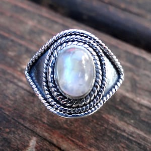 925 Rainbow Moonstone Ring Size 9.5, Sterling Silver, Natural Stone, Moonstone Gemstone Evil Eye Ring 9 10, Handmade OOAK Detailed Statement